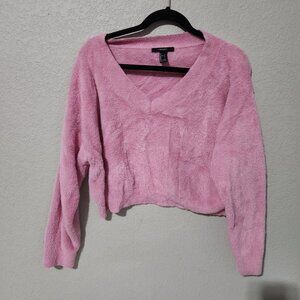 Forever 21 Sweater Large Pink Fuzzy V-Neck Long Sleeve Cropped